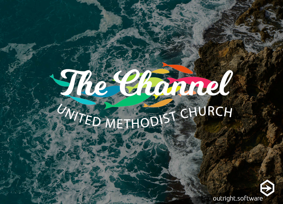 background is a faded/dark image of a coast line with blue waves and white foam next a rocky cliff. colorful logo in the foreground with fish and text reads 'the Channel'