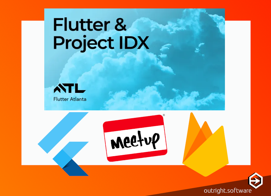 A blue sky with black text at the top with 3 icons below; a blue flutter logo, a red and white meetup logo, and an orange yellow firebase logo.