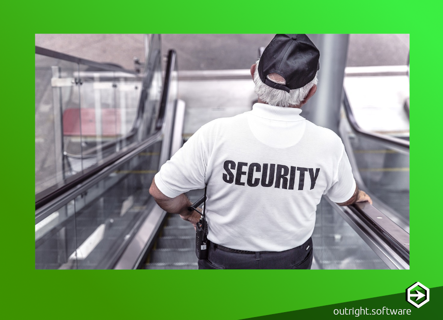 A faded - almost black and white - image of an older security guard going down an escalator. Green gradiant border.