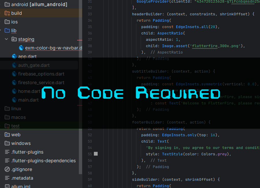 A dark grey background with programming code in bright colored text - text in foreground reads 'no code required'