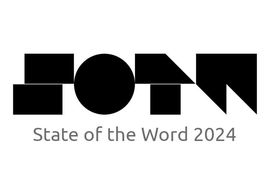 White, blank background with stark, large font in geometric blocks 'SOTW' underneath has dark grey font that explains 'state of the word 2024'