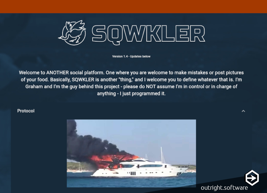 A dark blue-green background with burnt orange top-trim. White text with SQWKLER logo and an image of a yacht on fire