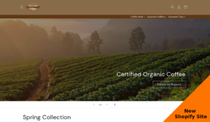 A web page with large banner image of a coffee field and a brown header with black text on white background on the bottom