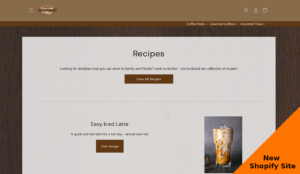 A website page with dark background and a white section includes text and recipe images - brown header at the top