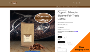 a web page with white background, brown header, large coffee product image and specifications on the right hand side