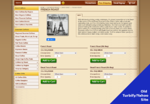 a web page with a product listed with 4 options and a brown background
